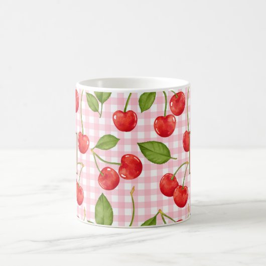 Monogram Pink Gingham & Cherries Tasse (Mittel)