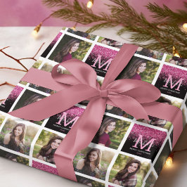 Monogram Pink Glitzer Foto Weihnachten Geschenkpapier