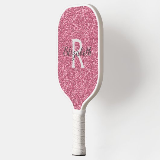 Monogram Pink Glitzer Gray Sparkle Trendy Glam Pickleball Schläger (Links)