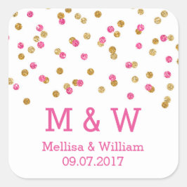 Monogram Pink Gold Confetti Gastgeschenk Hochzeit  Quadratischer Aufkleber