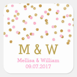 Monogram Pink Gold Confetti Gastgeschenk Hochzeit  Quadratischer Aufkleber