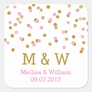 Monogram Pink Gold Confetti Gastgeschenk Hochzeit  Quadratischer Aufkleber