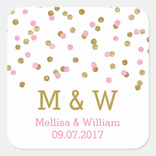 Monogram Pink Gold Confetti Gastgeschenk Hochzeit  Quadratischer Aufkleber (Vorderseite)
