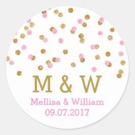 Monogram Pink Gold Confetti Gastgeschenk Hochzeit  Runder Aufkleber