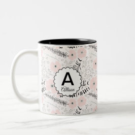 Monogram Pink Grau Floral Muster Zweifarbige Tasse