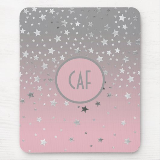 Monogram Pink Gray Stars Ombre Trendy Chic Mousepad (Vorne)