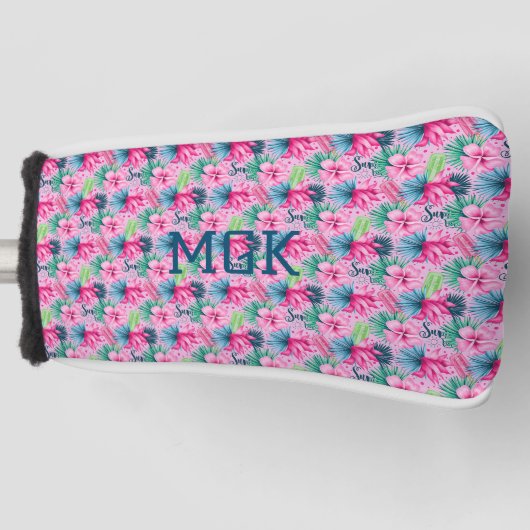 Monogram Pink Green Blue Floral Bright Tropical Golf Headcover (Vorderseite)