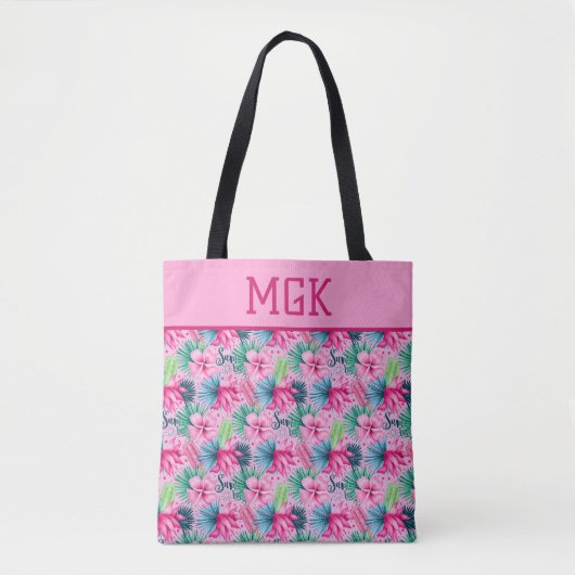 Monogram Pink Green Blue Floral Bright Tropical Tasche (Vorderseite)