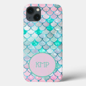 Monogram Pink Green Glitzer Mermaid Scales Case-Mate iPhone Hülle (Rückseite)