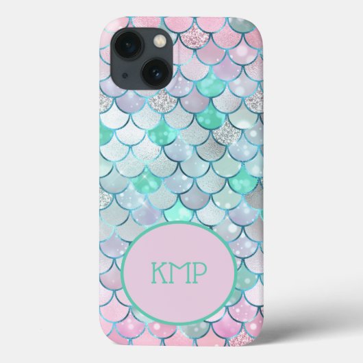 Monogram Pink Green Glitzer Mermaid Scales Case-Mate iPhone Hülle (Rückseite)