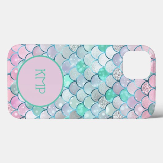 Monogram Pink Green Glitzer Mermaid Scales Case-Mate iPhone Hülle (Rückseite (Horizontal))