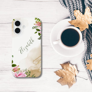 Monogram Pink Green Gold Floral Alcohol Tinte iPhone 16 Hülle