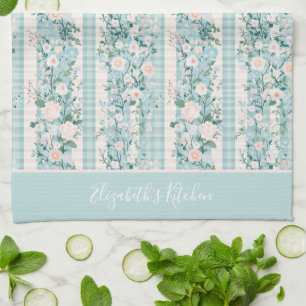 Monogram Pink Green Pastel Floral Gingham Streifen Geschirrtuch