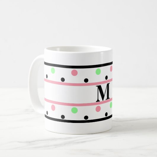 Monogram Pink Green Polka Dots Kaffeetasse (Vorderseite Links)