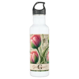 Monogram Pink & Green Vintag Tulips Noten Edelstahlflasche