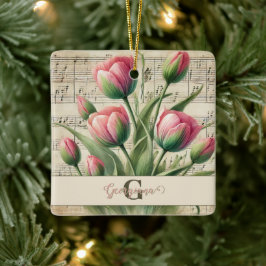Monogram Pink & Green Vintag Tulips Noten Keramikornament