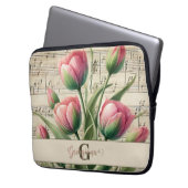 Monogram Pink & Green Vintag Tulips Noten Laptopschutzhülle (Vorderseite Links)