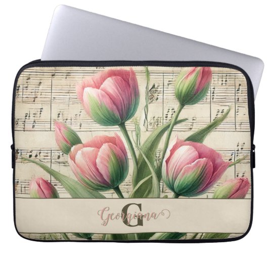 Monogram Pink & Green Vintag Tulips Noten Laptopschutzhülle (Vorderseite)