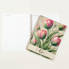 Monogram Pink & Green Vintag Tulips Noten Planer