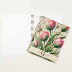 Monogram Pink & Green Vintag Tulips Noten Planer