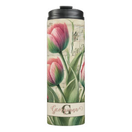 Monogram Pink & Green Vintag Tulips Noten Thermosbecher