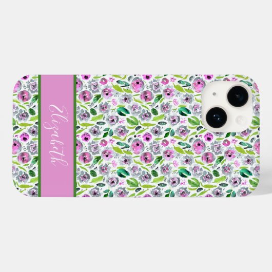 Monogram Pink Grey Boho Aquarell Floral Case-Mate iPhone Hülle (Rückseite (Horizontal))