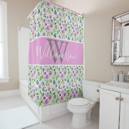 Monogram Pink Grey Boho Aquarell Floral Duschvorhang