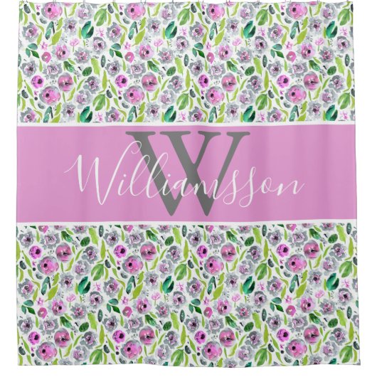 Monogram Pink Grey Boho Aquarell Floral Duschvorhang (Vorderseite)