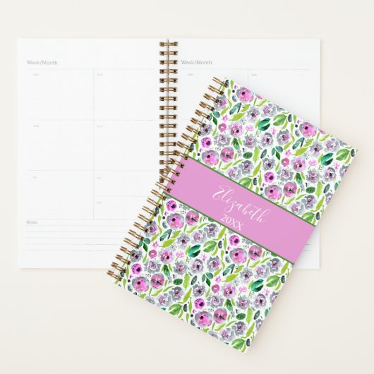 Monogram Pink Grey Boho Aquarell Floral Planer (Anzeige)