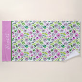 Monogram Pink Grey Boho Aquarell Floral Strandtuch (Vorderseite)