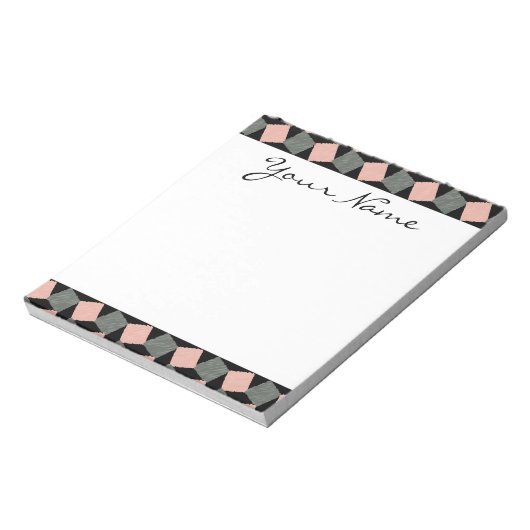 Monogram Pink Grey Geometric Ikat Square Pattern Notizblock (Rotiert)