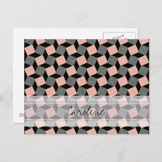 Monogram Pink Grey Geometric Ikat Square Pattern Postkarte (Vorne/Hinten)