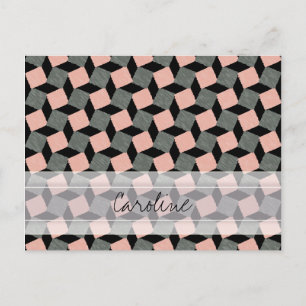 Monogram Pink Grey Geometric Ikat Square Pattern Postkarte