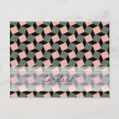 Monogram Pink Grey Geometric Ikat Square Pattern Postkarte (Vorderseite)