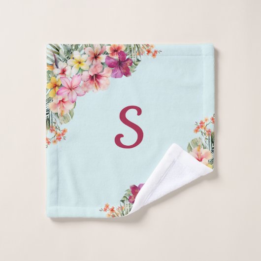 Monogram Pink Hibiskus Blume Tropenflora Badhandtuch Set (Waschlappen)