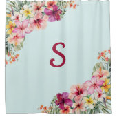 Monogram Pink Hibiskus Blume Tropenflora Duschvorhang (Vorderseite)