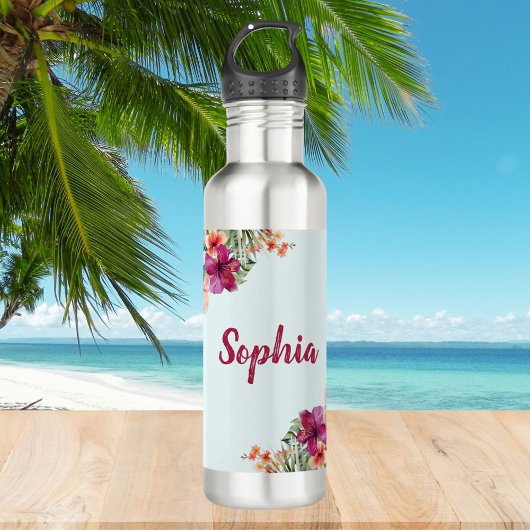 Monogram Pink Hibiskus Blume Tropenflora Edelstahlflasche
