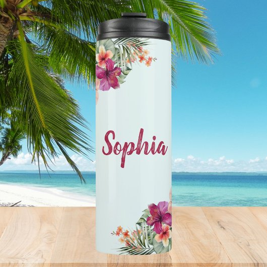 Monogram Pink Hibiskus Blume Tropenflora Thermosbecher