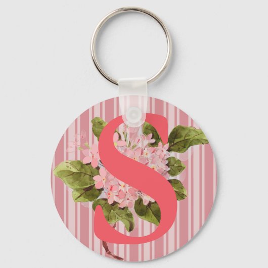 Monogram Pink Hydrangea Blume Stripes Girl Schlüsselanhänger (Vorderseite)