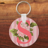 Monogram Pink Hydrangea Blume Stripes Girl Schlüsselanhänger (Vorderseite)