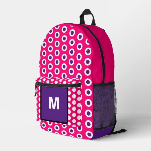 Monogram Pink Lila Polka Dots Bedruckter Rucksack (Rückseitige Ecke Rechts)