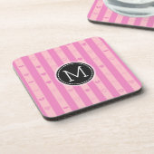 Monogram Pink Lila Stripes Modernes Herzmuster Untersetzer (Linke Seite)
