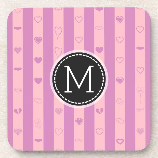 Monogram Pink Lila Stripes Modernes Herzmuster Untersetzer (Vorderseite)