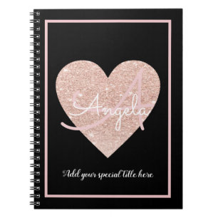 monogram pink love heart with her name on black notizblock