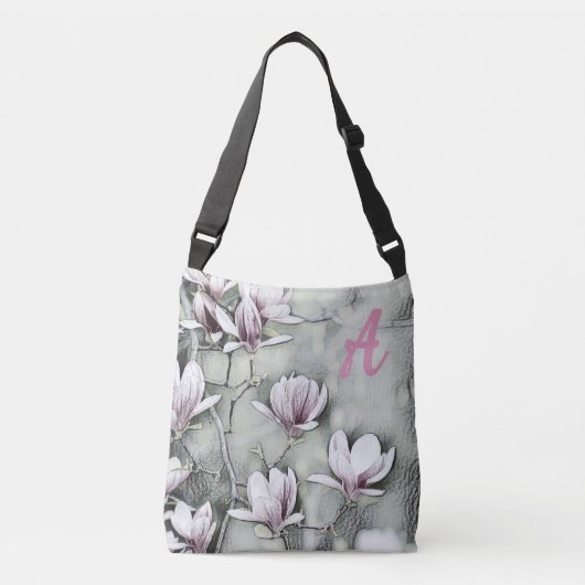 Monogram Pink magnolia Zweig zeichnend grau schwar Tragetaschen Mit Langen Trägern (Vorderseite)