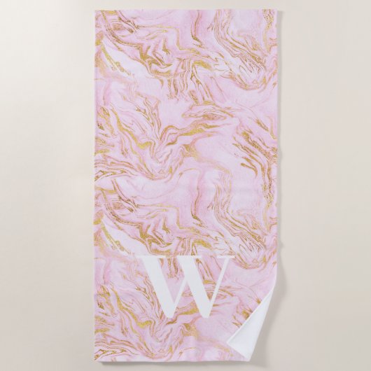 Monogram Pink Marble Gold Glitzer Strandtuch (Vorderseite)