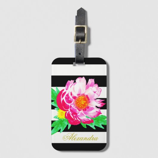 Monogram Pink Peony Black & White Luggage Tag Gepäckanhänger (Vorderseite Vertikal)