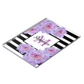 Monogram Pink Peony Blume Black Strip Lila Notizblock (Linke Seite)