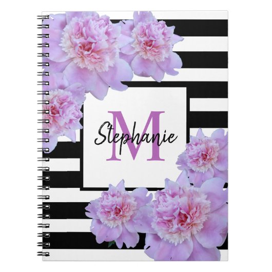 Monogram Pink Peony Blume Black Strip Lila Notizblock (Vorderseite)