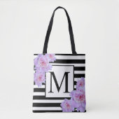 Monogram Pink Peony Blume Black Strip Tote Beutel Tasche (Vorderseite)